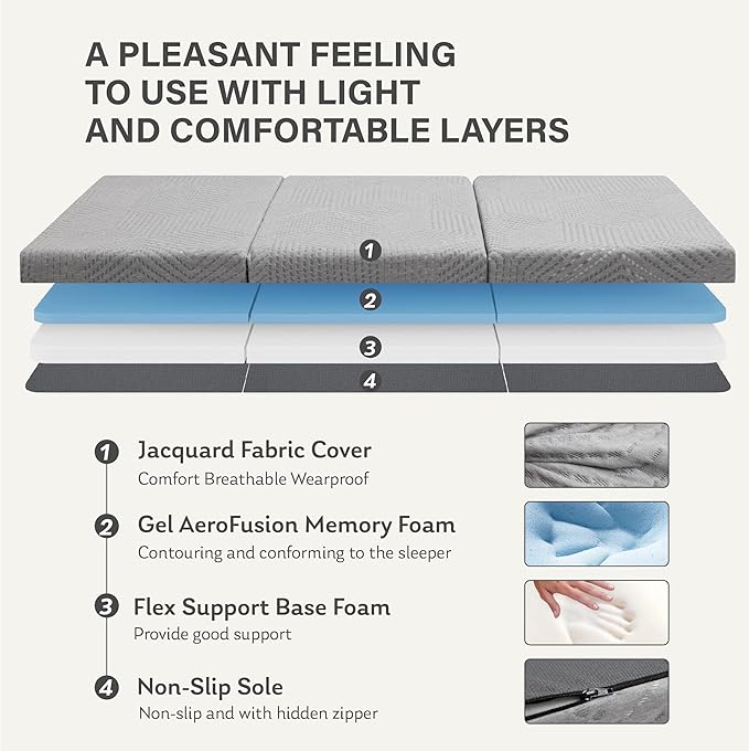MLILY Tri-Fold Memory Foam Mattress, 4 inch Queen Folding Mattress with Collapsible and Washable Cover, Travel and Guest Mat, 80"×60"×4", Grey - Bloomnest