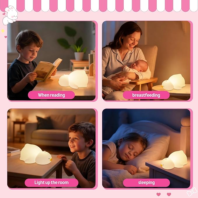 Night Light for Kids, Rechargeable Dimmable Silicone LED Nightlight with 7 Colors, Baby Nursery Night Lamp, Touch Squishy Lamp, Cute Gifts for Girls, Boys, Toddler Room Decor, Lying Duck - Bloomnest