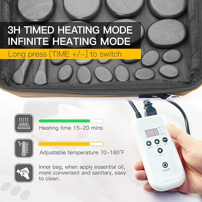Portable 20 PCS Massage Stones Warmer Set, Temp Control Hot Stone Heater, Heating Massager Travel Bag w/Car Adapter for Professional/Home Spa (Brown) - Bloomnest