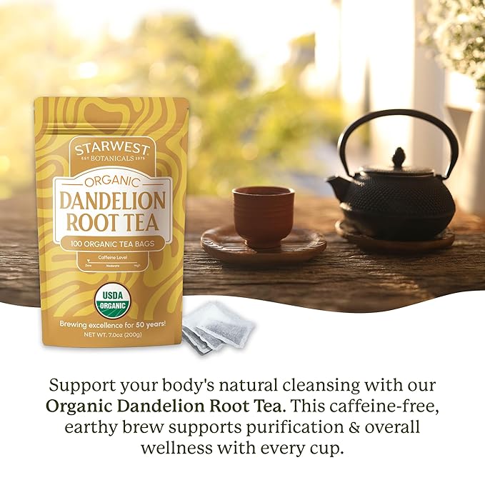 Starwest Botanicals Organic Dandelion Root Tea - Cleansing Herbal Tea, Caffeine Free, Natural Elimination Support, USDA Organic Dandelion Root Roasted, Non GMO - Bulk Pack, 100 Tea Bags - Bloomnest