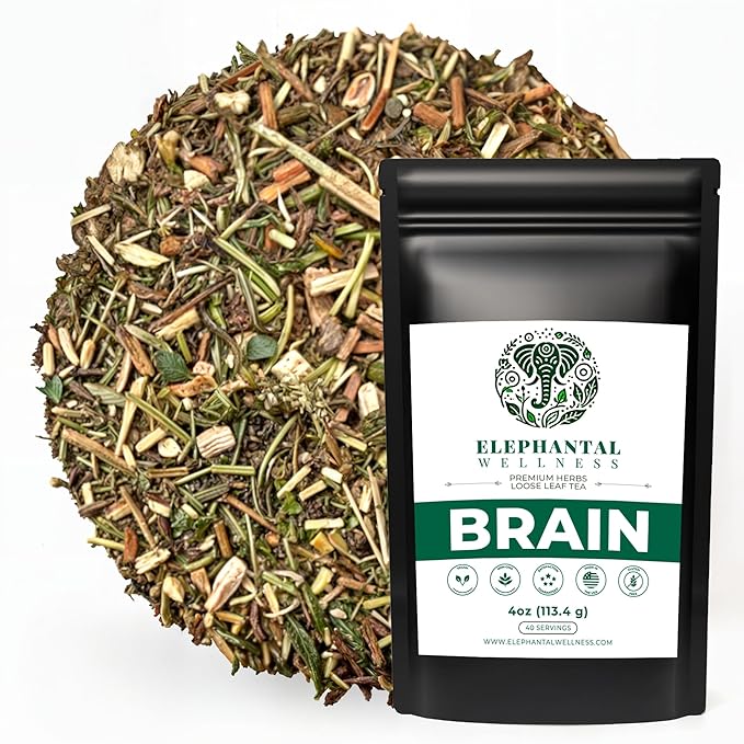 Elephantal Wellness Premium Brain Herbal Tea | Nootropic Focus & Mental Clarity Support with Ginkgo, Bacopa, Ashwagandha & Gotu Kola | Handmade, Caffeine-Free, Non-GMO Loose Leaf Blend, 4oz Loose Leaf, 40 Servings - Bloomnest