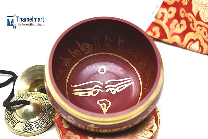 5" Tibetan Meditation Yoga Singing Bowl Set with free Om Tingsha cymbals,wooden Mallet Silk Cushion and Carry bag from Nepal, Singing bowls. TM+THAMELMART+FOR+BEAUTIFUL+MINDS