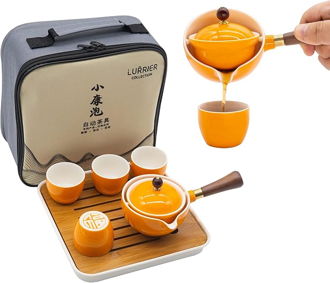 LURRIER Porcelain Chinese Gongfu Tea Set,Portable Teapot Set with 360 Rotation Tea maker and Infuser,Portable All in One Gift Bag for Travel,Home,Gifting,Outdoor and Office(Orange) - Bloomnest