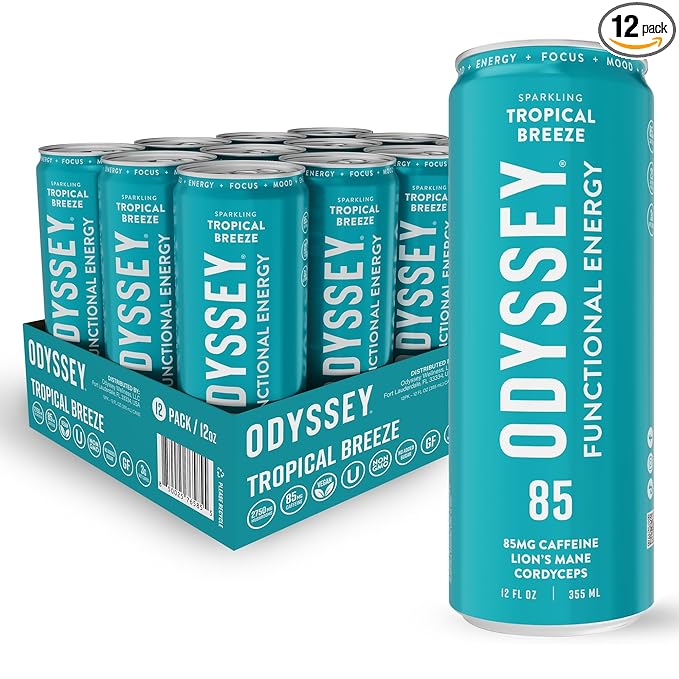 Odyssey Functional Energy Drink for Focus, Cognition & Mood Support 12 Pack - Adaptogenic Drink with 85mg Green Tea Caffeine, Lion’s Mane, Cordyceps, L-Theanine & Ginseng, Sparkling Tropical - Bloomnest
