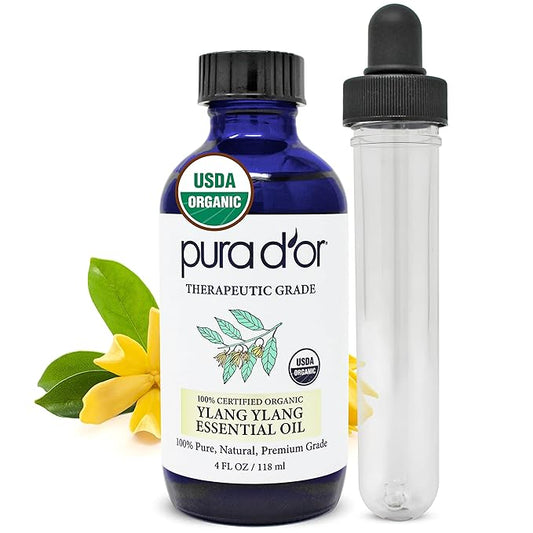 PURA D'OR Organic Ylang Ylang Essential Oil (4oz with Glass Dropper) 100% Pure & Natural Therapeutic Grade for Hair, Body, Skin, Aromatherapy Diffuser, Relaxation, Massage, Mood, Antioxidant Support - Bloomnest