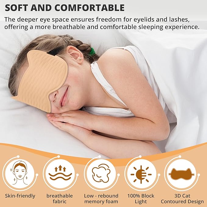 3D Kids Sleep Eye Mask: 3D Contoured Cup Sleeping Masks, Blindfold Sleep Eye Cover with Adjustable Strap, Memory Foam Lightweight Night Eyeshade for Boys Girls Teens (Orange) - Bloomnest