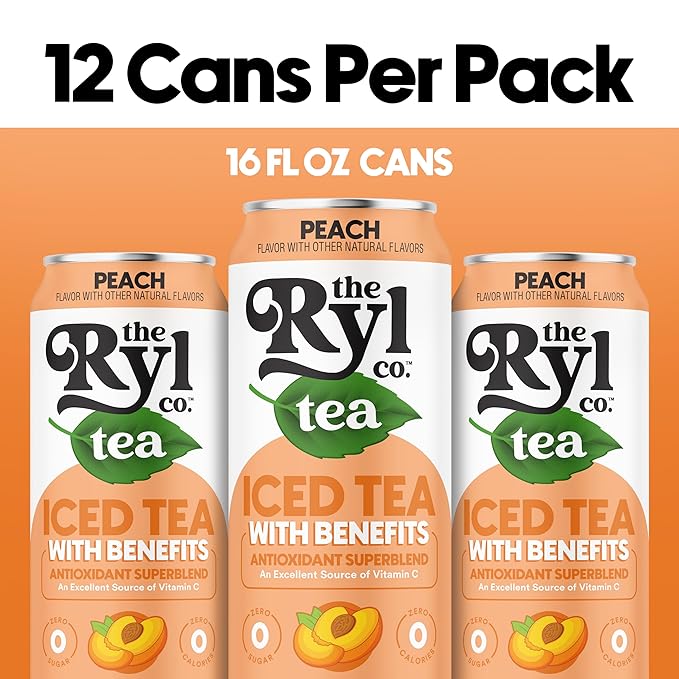 Ryl Iced Tea, Peach, Antioxidant Superblend, Zero Sugar, Low Carb, Zero Calorie Iced Tea, 16.0 Fl Oz (12-Pack) - Bloomnest