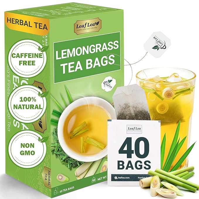 LeafLea Lemongrass Tea Bags, 40 Count, 100% Natural Lemongrass Leaves, Te Limon Grass, Te de Limoncillo Herbal Tea with Smooth Light Aroma, Sugar-Free, Caffeine-Free, Non-GMO, Vegan Friendly - Bloomnest
