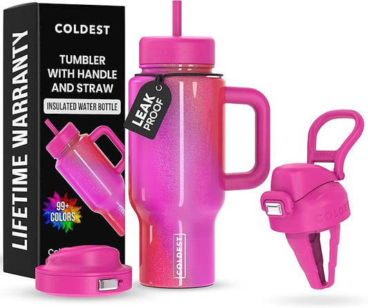 Coldest Tumbler with Handle and Coffee Lid - 100% Spill Proof Tumbler with Straw (3 Lids) - Stainless Steel Insulated Leakproof Tumblers for Women & Men - Cup Holder Friendly - 24 oz (Kissed Dream) - Bloomnest