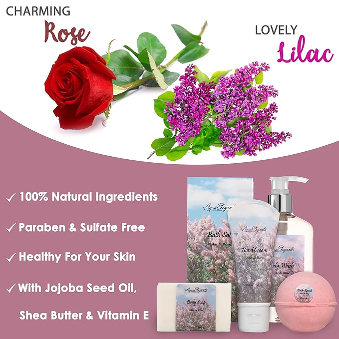 Spa Baskets For Women - Luxury Bath Set With Lilac & Rose Oil - Spa Kit Includes Wash, Bubble Bath, Lotion, Bath Salts, Body Scrub, Hand Cream, Shower Puff, Bathbombs, Soap and Towel - Bloomnest
