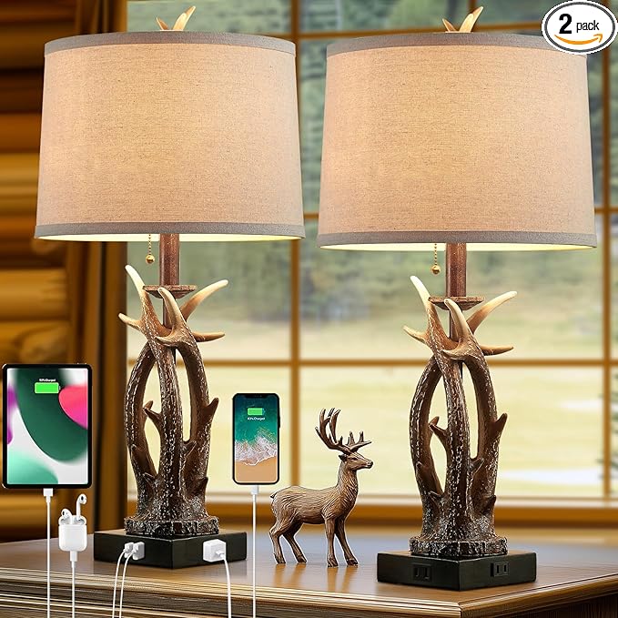 Farmhouse Deer Antler Table Lamps Set of 2 Rustic Western Bedside Lamp with USB A+C & Outlet Vintage Nightstand Lamps for Log Cabin Bedroom Hunting Themed Living Room End Table Cottage Home Decor - Bloomnest