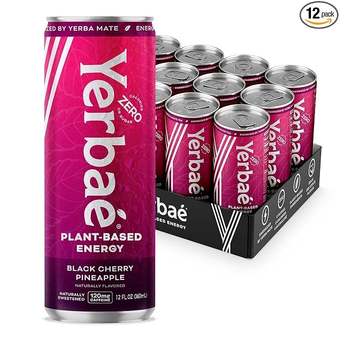 Yerbaé Energy Beverage, Black Cherry Pineapple, 120mg Caffeine. No Sugar/Calories/Carbs, Energized by Yerba Mate, Plant-Based, Healthy Alternative to Sugary Drinks, Pack of 12, 12oz cans - Bloomnest