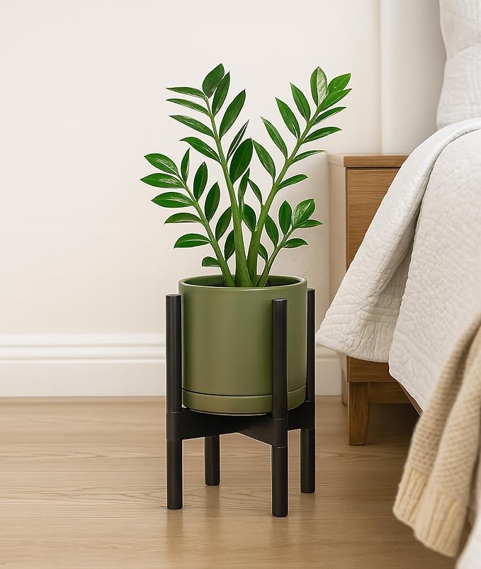 D'vine Dev Ceramic Planter with Ebony Stand - 8 Inch Modern Round Flower Pot with Wood Planter Holder, Olive, 55-B-M-J - Bloomnest
