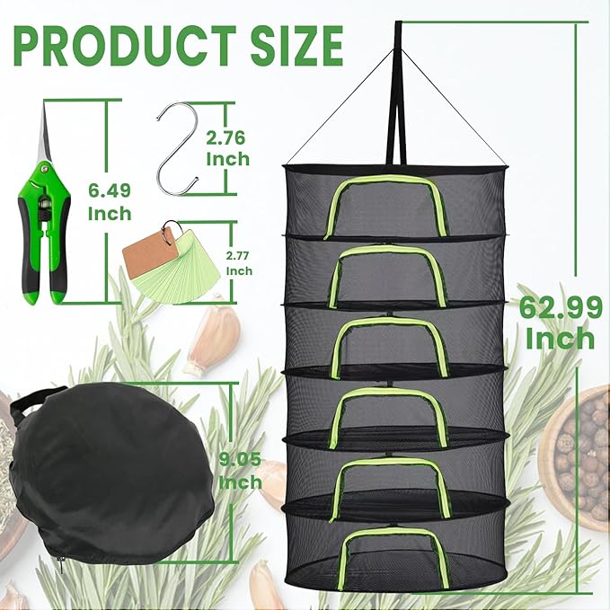 6 Layer 24" Herb Drying Rack Hanging with Garden Pruning Shears, Large Zipper, Hook & Notepad, Foldable Drying Rack for Herbs, Spices & Seasonings, Hanging Herb Dryer Indoor & Outdoor - Bloomnest