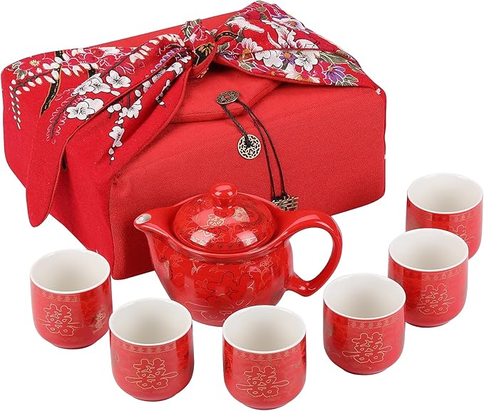 I-MART Chinese Tea Set, Red Ceramic Chinese Wedding Tea Set, Asian Traditional Tea Set with 1 Tea Pot. 6 Tea Cups and 1 Gift Box - Bloomnest