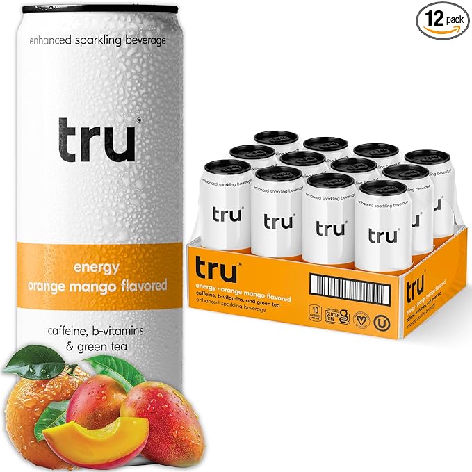 Tru Energy Seltzer, Sparkling Water with Natural Caffeine, Orange Mango Juice, Green Tea Extract & B Vitamins, Lightly Carbonated Energy Drink, Gluten Free, Vegan, Low Calorie, 12 FL OZ Cans, 12 Pack - Bloomnest