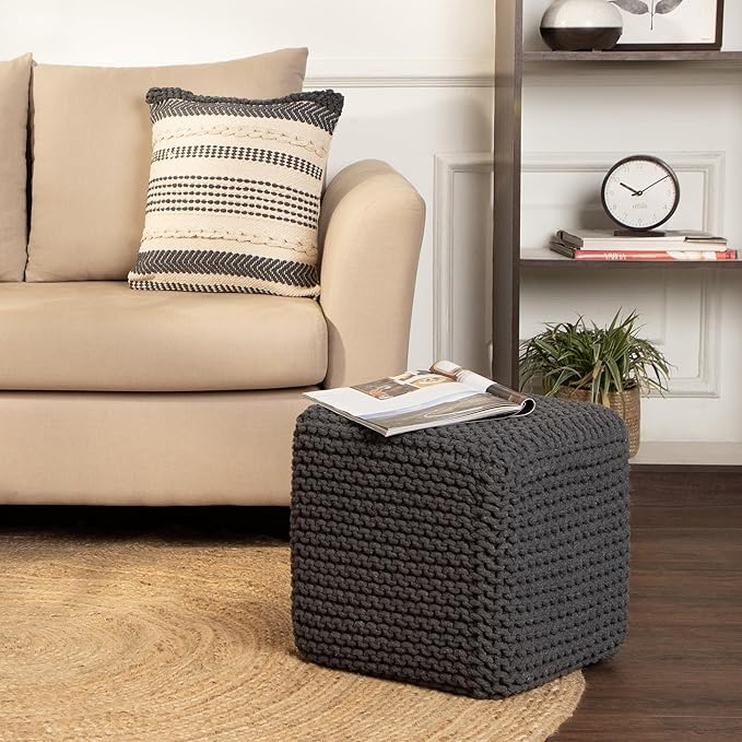 REDEARTH Cube Pouf Foot Stool Ottoman - Hand Knitted Coffee Table - Cotton Cord Boho Pouffe - Home Décor Poof - Stuffed Footrest for Living Room - Bedroom - Patio (16" x 16" x 16") - Dark Gray - Bloomnest