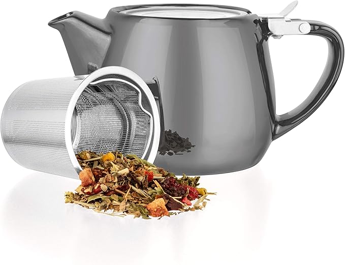 Tealyra - Pluto Porcelain Small Teapot Grey - 18.2-ounce (1-2 cups) - Unique Finish - Stainless Steel Lid and Extra-Fine Infuser To Brew Loose Leaf Tea - 540ml - Bloomnest