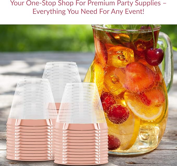 Prestee 200 Rose Gold Plastic Cups, 9oz – Elegant Hard Disposable Tumblers for Wine, Cocktails & Beverages – Clear Plastic Cups with Rose Gold Rim – Bulk Party Drinkware for Weddings, Holidays & Event - Bloomnest
