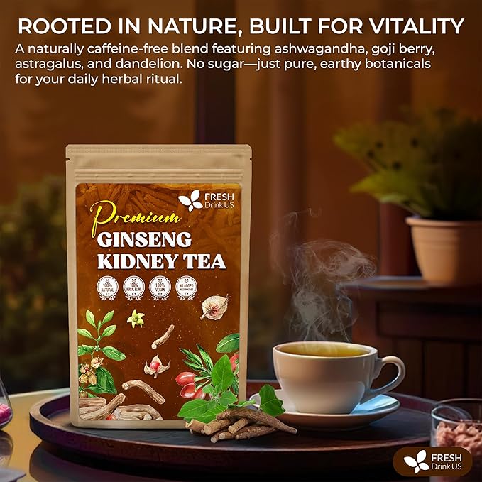 FreshDrinkUS, Ginseng 6 Treasures Kidney Tea, 30 Packs Of Super Kidney Cleanse Detox Tea For Men & Women, 100% Natural Roots & Berries | Caffeine-Free | Adaptogenic Blend for Energy, Wellness & Vitality Support - Bloomnest
