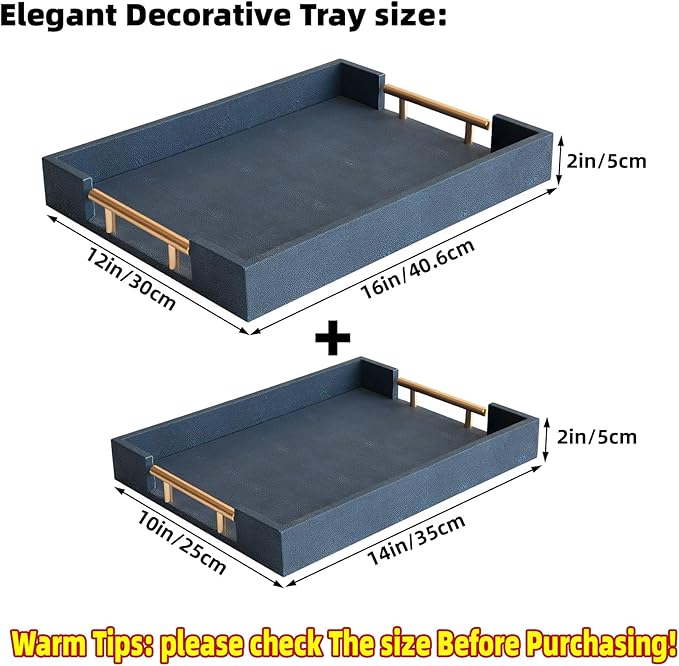 Modern Decorative Tray Set of 2, Blue Shagreen Leather Tray, Rectangle Serving Trays with Gold Polished Metal Handles, Ottoman Trays Coffee Table Perfume Kitchen Home Decor - Bloomnest