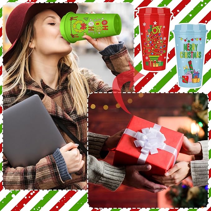 Pickmesh 12 Pack Christmas Coffee Cups Gifts Bulk 16 oz Reusable Coffee Cup Tumblers with Lid Plastic Cups Travel Mug Thank You Gifts for Women Coworkers Holiday Drinks - Bloomnest