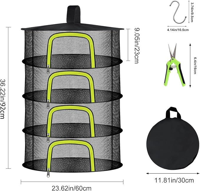 4 Layer Herb Drying Rack, Hanging Mesh Net, Foldable Plant Drying Rack With U-Shaped Zipper, Garden Trimming Shears and Hooks, For Drying Herbs Plants, Fruits, Seafood, Clothing(4 Layers-23.62'') - Bloomnest