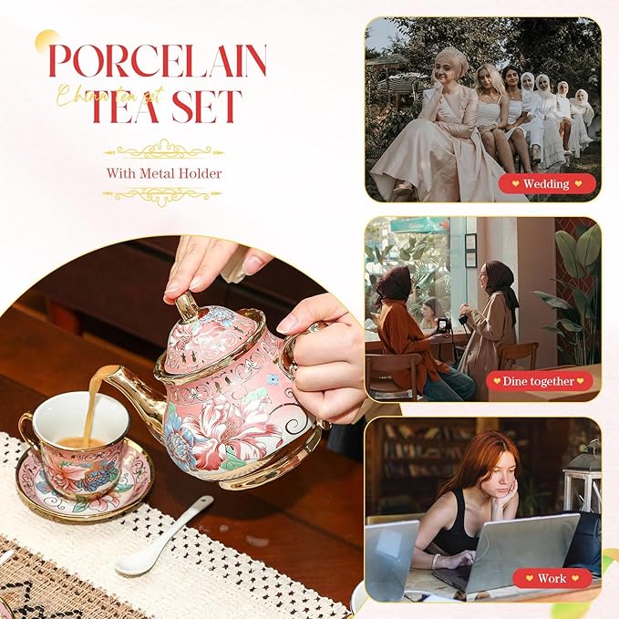 20 Pcs Porcelain Tea Set for Adults with Metal Holder and Spoon European Ceramic Tea Party Set Flower Painting Teapot Cup Saucer for Christmas Women Gifts, Serving 6 People(Fresh) - Bloomnest