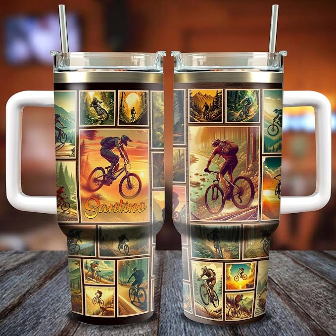 WAZONE Personalized Mountain Biking Tumbler 40oz with Handle and Straw Custom Name Insulated Travel Coffee Mug Stainless Steel Tumblers For Biker Bike Riding Lover Men Him Dad Papa On Birthday - Bloomnest
