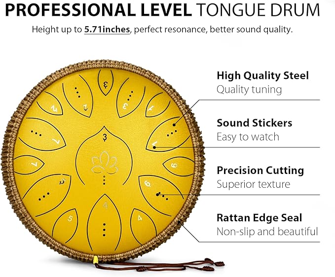 Steel Tongue Drum 13 Inches 15 Notes, Hand Pan Drums for Adults 440hz, C Major Handpan Musical Instrument with Song Book, Mallets and Carry Bag, Yellow - Bloomnest