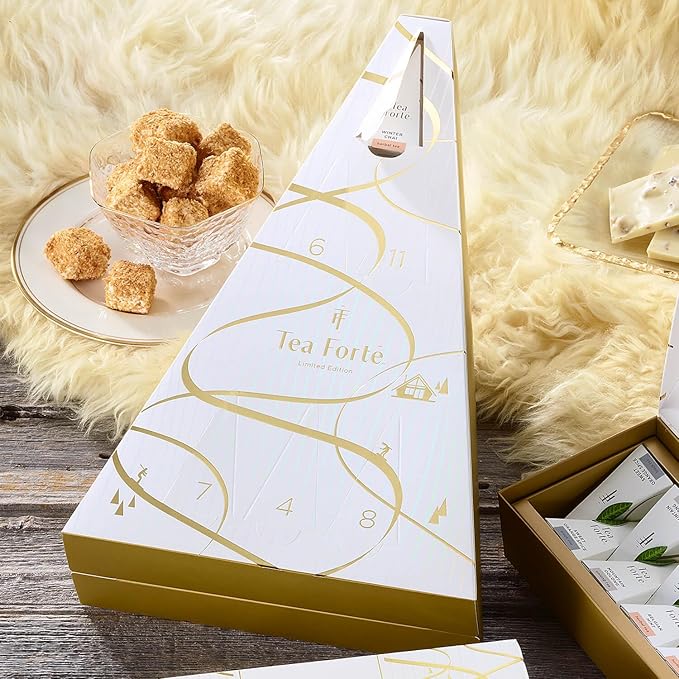 Tea Forte Tea Advent Calendar Gift Set; 12 Individually Wrapped Handcrafted Assorted Pyramid Infuser Tea Bags with Numbered Doors, Winter Chalet - Bloomnest