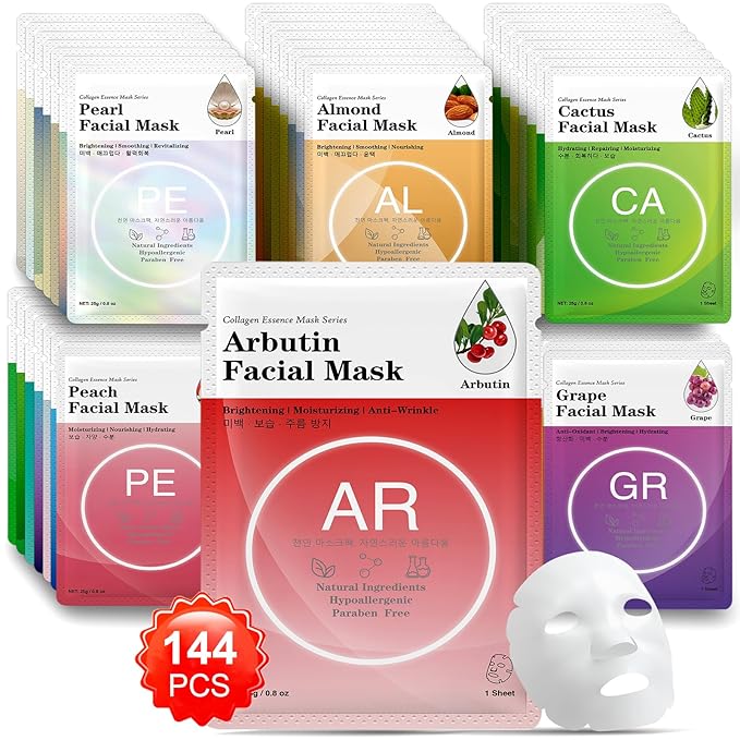 VESPRO 144 Pack Collagen Essence Sheet Facial Masks, Bulk Sheet Masks for Face, Hydrating Facial Masks for All Skin Types, Moisturizing and Soothing, Natural Skincare Spa Face Mask - Bloomnest