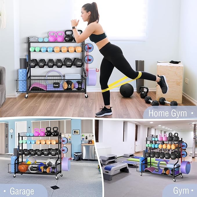 PLKOW Dumbbell Rack, Weight Rack for Dumbbells, Home Gym Storage for Dumbbells Kettlebells Yoga Mat and Balls, All in One Workout Storage with Wheels and Hooks, Powder Coated Finish Steel - Bloomnest
