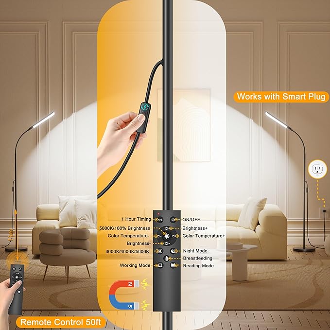 Floor Lamp, 18W Super Bright LED Floor Lamps for Living Room with Remote, Stepless Dimming Color Temperature & Brightness, Modern Adjustable Gooseneck Standing Lamp Ideal for Bedroom, Office, Study - Bloomnest