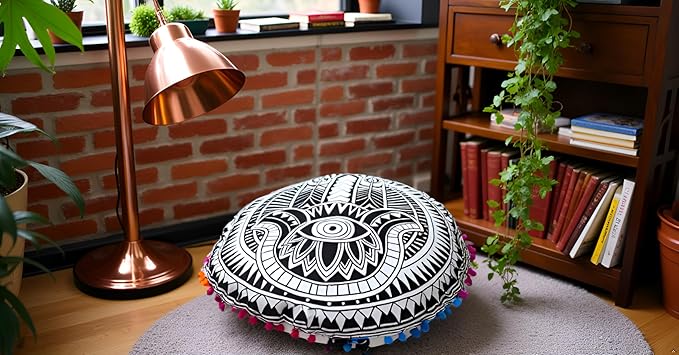CRAFT KALA 32" Large Round Bohemian Floor Pillow Pouf Cover Mandala Meditation Room Pillow Cover for Adults Boho Seating Poufs Cushion Cover for Kids Playroom Black Hamsa Hand - Bloomnest