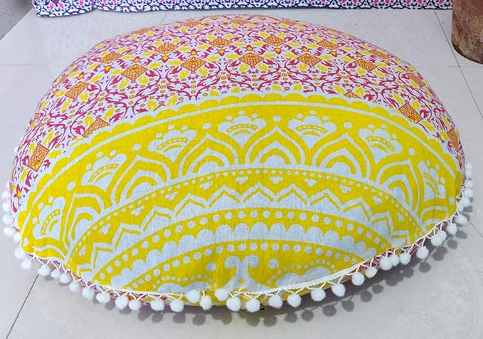 24" Yellow Orange Ombre Mandala Barmeri Large Floor Pillow Cover Cushion Meditation Seating Ottoman Throw Cover Hippie Decorative Zipped Bohemian Pouf Ottoman Pom Pom Cases 24 " round - Bloomnest
