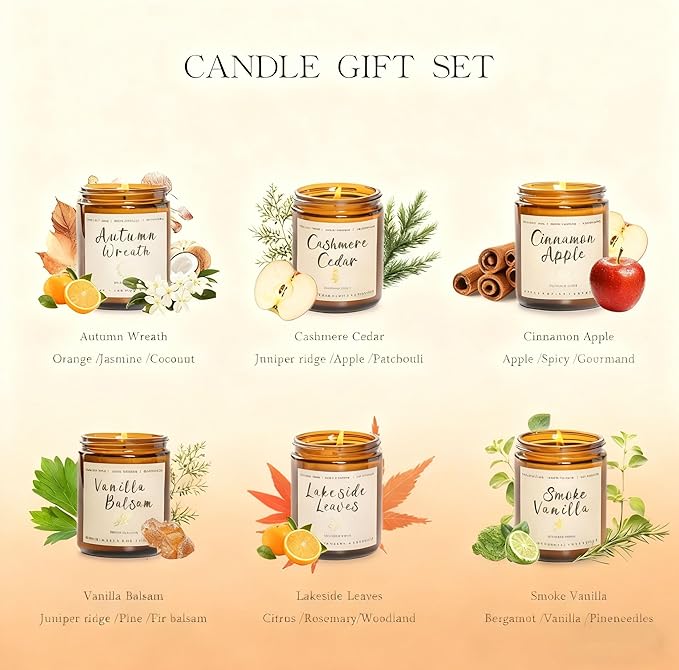 Fall Candles Set - 6 Pack Candles for Home Scented, Fall Scented Candles for Autumn Gift Home Decoration, Natural Non Toxic Soy Candle Gifts for Women, Cinnamon Apple/Autumn Wreath - Bloomnest