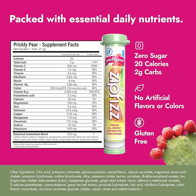 Zipfizz Daily Energy Drink Powder, Prickly Pear, 20 Pack | 3-in-1 Sustained Energy, Rapid Hydration, and Essential Vitamins | Sugar-Free | Electrolyte Powder | Contains Vitamin B-12 & Antioxidants - Bloomnest
