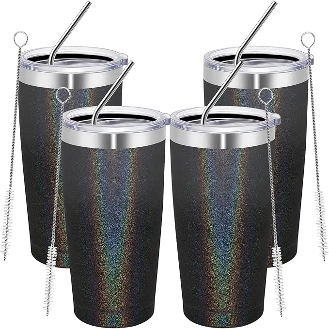 MEWAY 20oz Tumbler 4 Pack Double Wall Vacuum Insulated Travel Glitter Mug Bulk, Stainless Steel Tumblers with Lid and Straw, Powder Coated Coffee Cups for Woman(Gradient Black,Set of 4) - Bloomnest