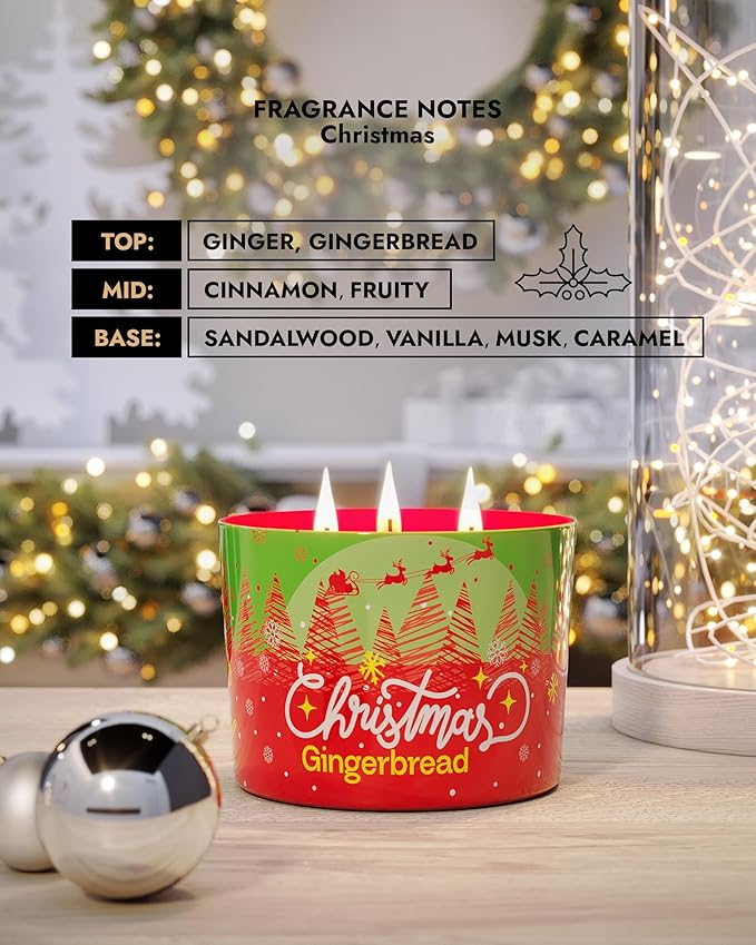 96NORTH Luxury Christmas Candle Gingerbread Scented | Large 3-Wick Jar Candle | Up to 40 Hours Burning Time | 100% Natural Soy Wax | Ideal Christmas Candles Gift - Bloomnest
