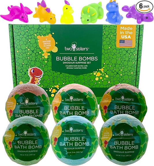 Dinosaur Bath Bombs for Kids with Surprise Dino Toys Inside (6 Pack) - Large Bubble Bath Bombs, Gentle and Safe, Made in USA, Gift Ideas for Boys, Girls and Teens by Two Sisters - Bloomnest