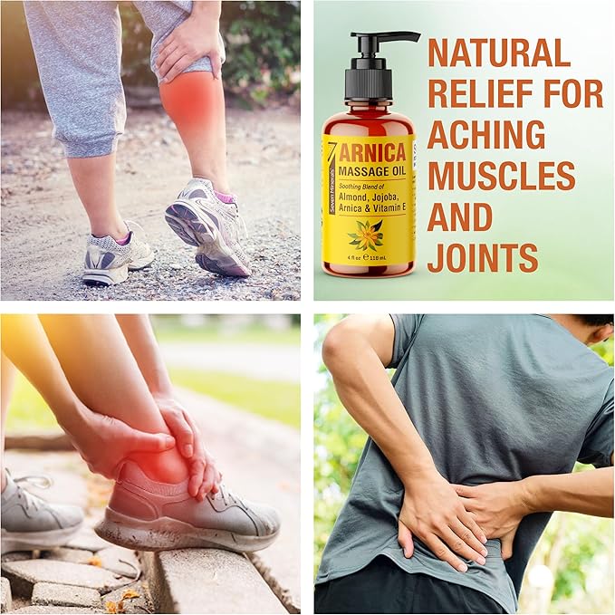 Seven Minerals Arnica Sore Muscle Massage Oil for Massage Therapy - 4 oz - Ideal for Professional or at-Home Body Massage.