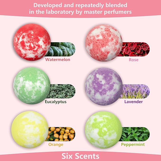 Bath Bombs Set,100g*6pcs with Lavender/Peppermint/Orange/Eucalyptus/Rose/Watermelon,Perfect for Bubble Spa,Handmade Birthday Gifts Sets for Her/Him/Wife/Girlfriend,for Christmas (PINK-6PCS) - Bloomnest