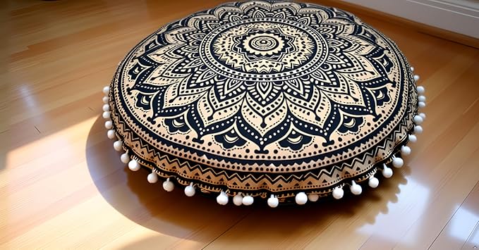 CRAFT KALA Large Round Bohemian Floor Pillow Pouf Cover Mandala Meditation Room Pillow Cover for Adults Boho Seating Poufs Cushion Cover for Kids Playroom 32" Black Gold Ombre - Bloomnest
