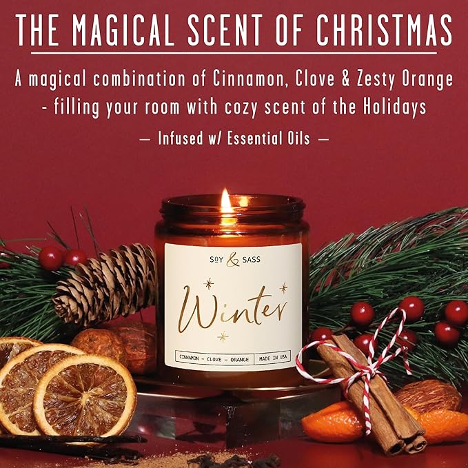 Winter Candle, Christmas Candles Scented - w/Orange, Cinnamon & Vanilla - Infused with Essential Oils I Winter Candles I 9oz, 50Hr, Made in USA - Bloomnest