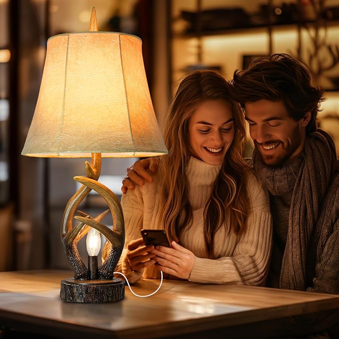Scenekoy Rustic Farmhouse Antlers Bedside Table Lamp Set of 2 with Nightlight Dual USB Ports Leather Soft Bell Shade Brown Finish nightstand Lamp Decor for Living Room Bedroom Office House Hotel - Bloomnest