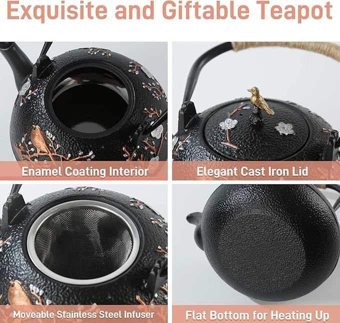 Cast Iron Teapot SECHUDO Teapot for Stovetop Safe Coated with Enameled Interior,Japanese Beautiful Tea Kettle with Stainless Steel Infuser for Loose Tea (40.6oz/1200ml) - Bloomnest
