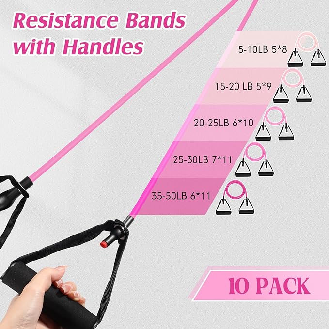 Shappy 10 Pcs Resistance Bands with Handles Exercise Stretch Bands for Exercise Woman Man Training Physical Therapy Workouts Fitness - Bloomnest