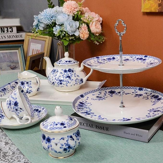 Bone China Tea Set for Adults, 13-Piece Blue and White Porcelain Tea Set for 4, Vintage Floral Tea Set With Teapot and Teaspoons, Tea Party Sets for Women Gift (Blue A) - Bloomnest