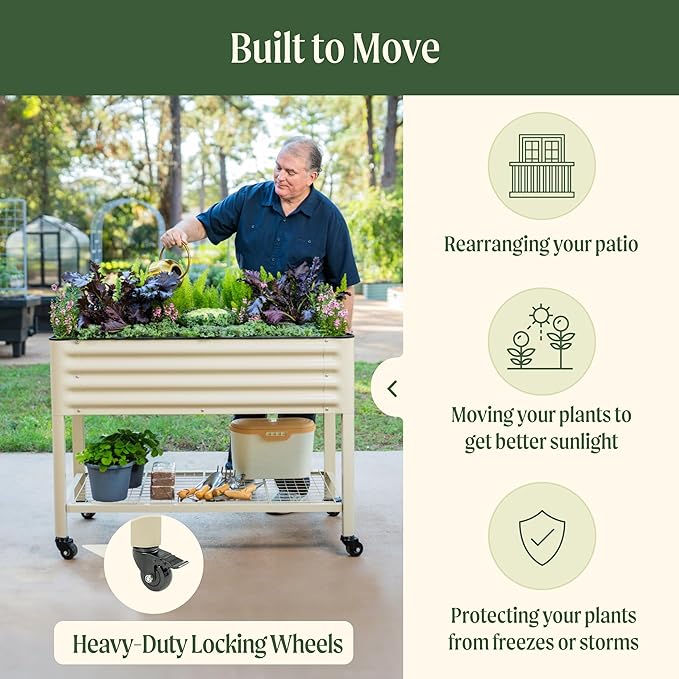 Rolling Elevated Raised Garden Bed-V Series, 2' x 6' Garden Beds with Legs & Storage Rack for Patio & Porch, 1000 Lbs Weight Capacity, Outdoor Planter Box for Vegetables Flower Herbs, Pearl White - Bloomnest